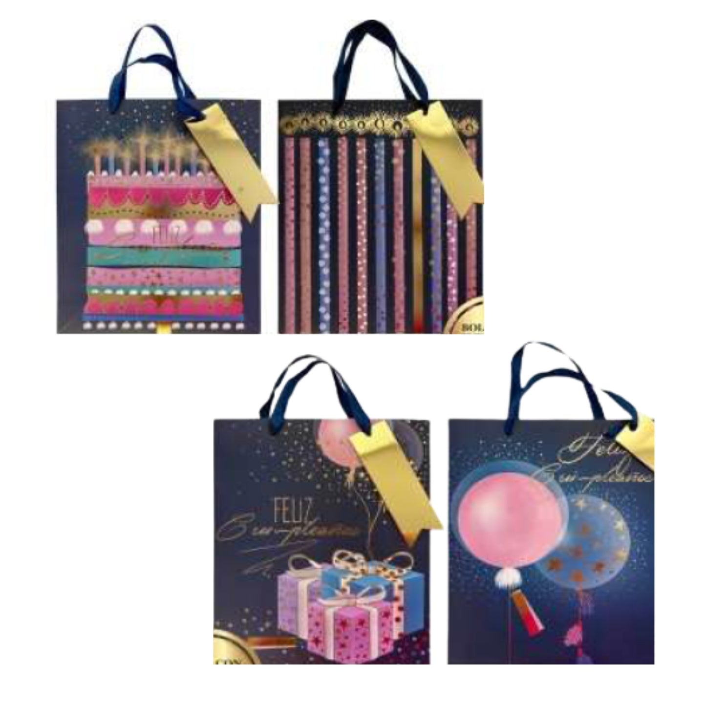 GBPHB154L BOLSA DE REGALO 10 X 12.5 PULG CUMPLEAÑOS HOT STAMPING 4 MOD CIELO ESTRELLADO CON 1 PZ O CAJA CON 48 PZS