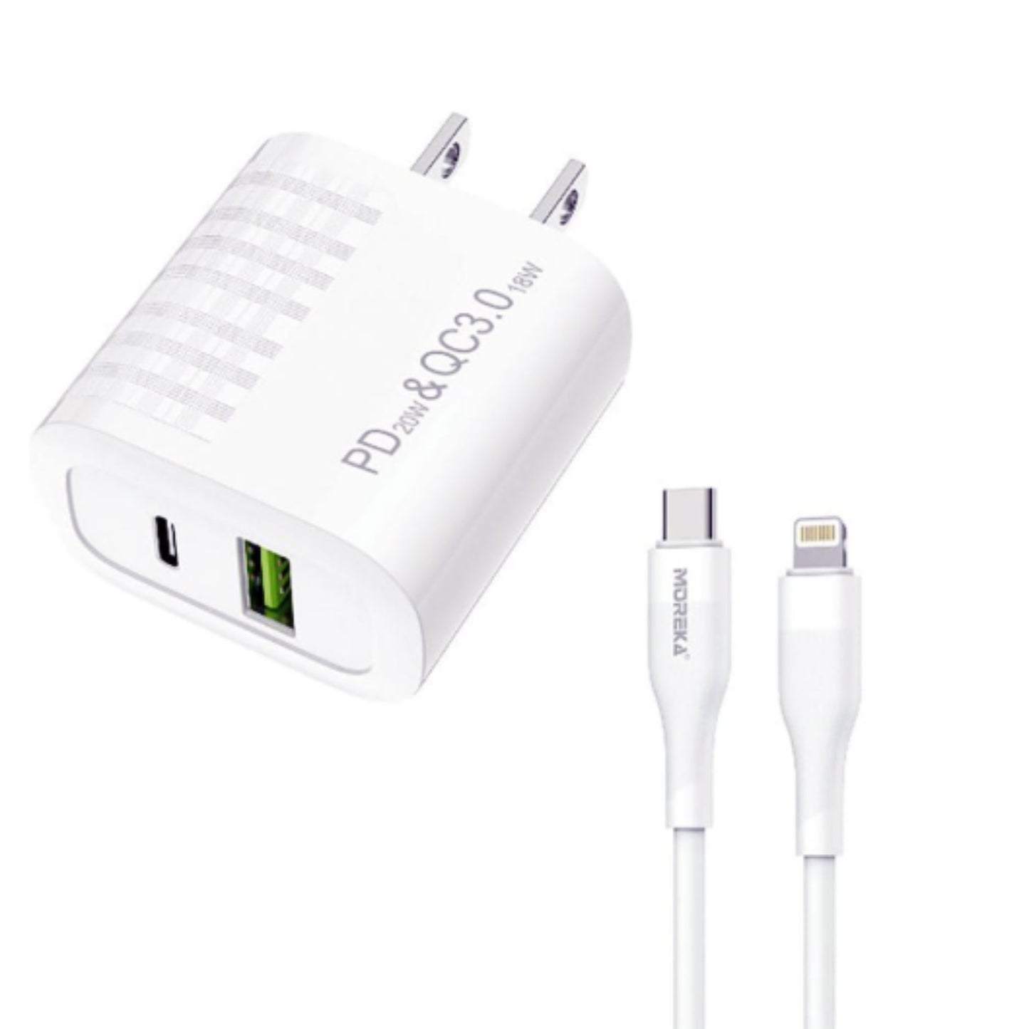 AC107 TURBO CARGADOR MOREKA SALIDAS USB TIPO C A LIGHTNING 1M, CON 1 PZ O CAJA CON 100 PZS