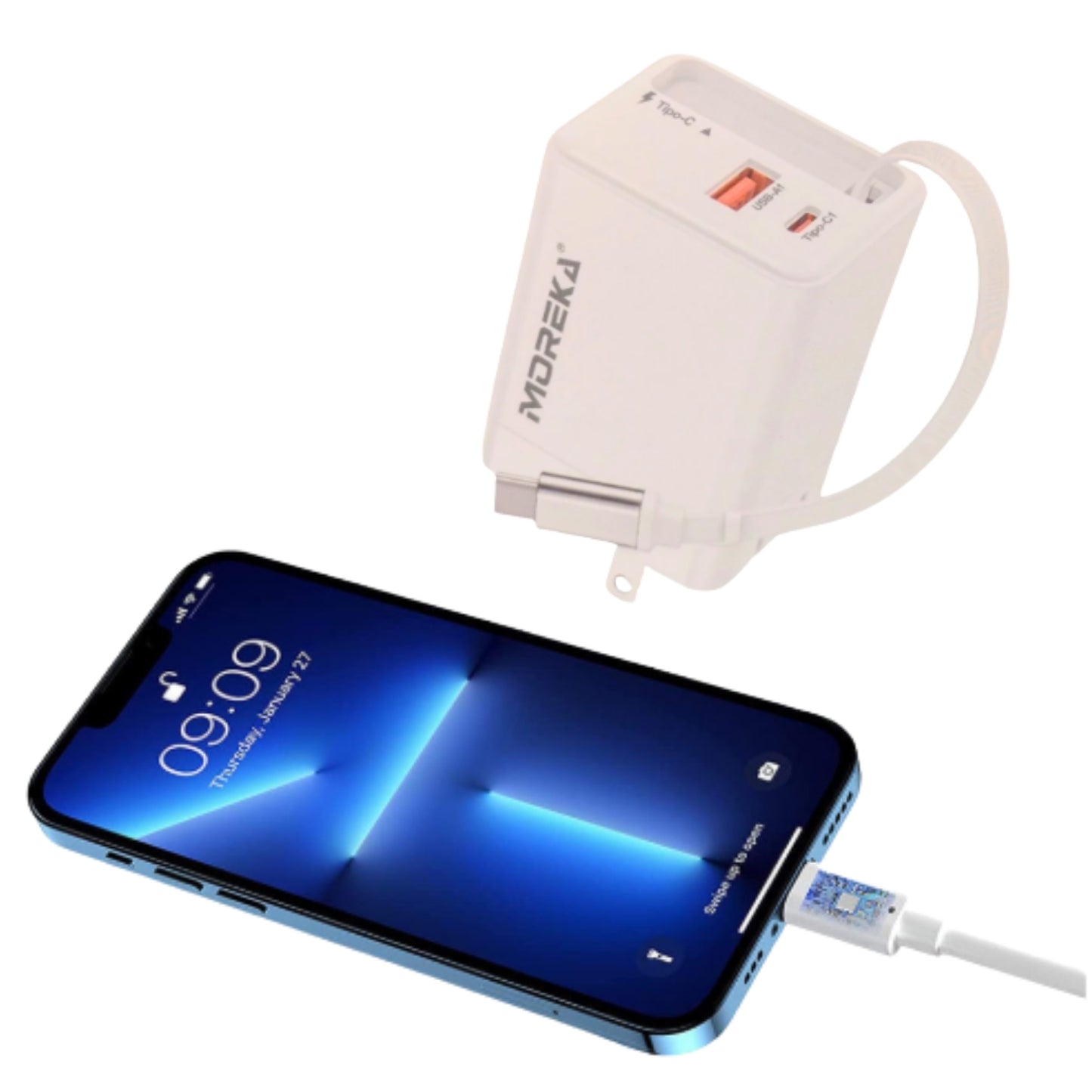 CC27 CARGADOR 42.5 2 5V 3A 2 PUERTOS PD 20W QC3.122.5 CABLE C CON 1 PZ O CAJA CON 100 PZS