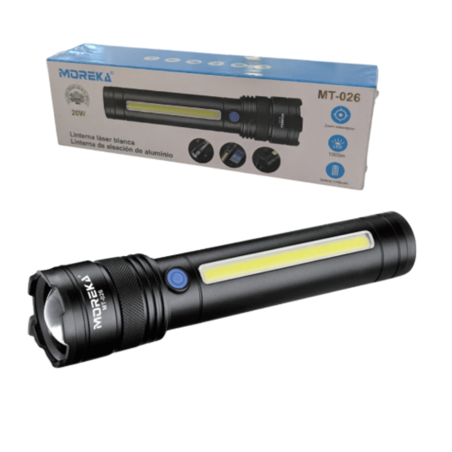 MT-026 LAMPARA TACTICA REGARCABLE USB LASER 20W 8800MAH CON 1 PZ O CAJA CON 120 PZS