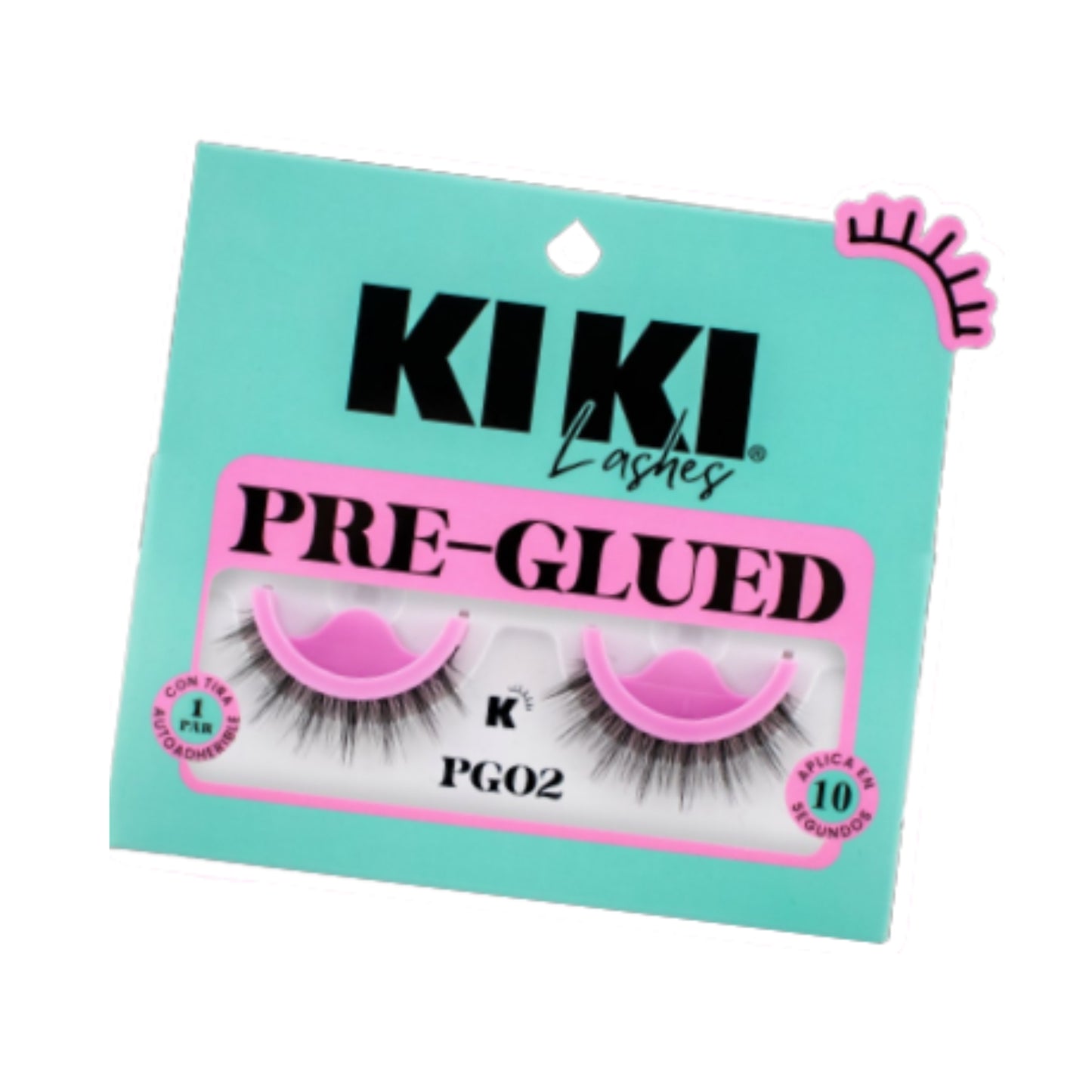 PG02 PRE-GLUED KIKI LASHES 1 PAR DE PESTAÑAS POSTIZAS CON TIRA AUTOADHERIBLE, CON 1 PQ O CAJA CON 12 PQTS