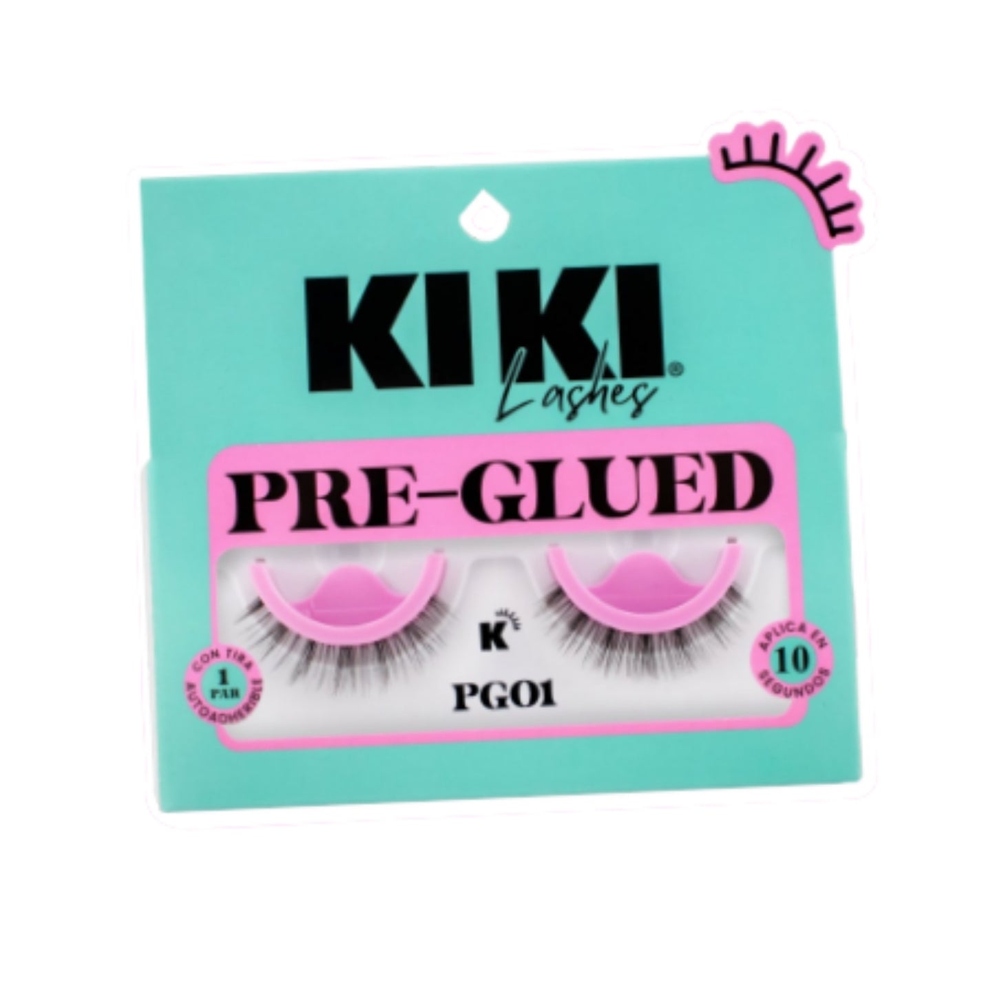 PG01 PRE-GLUED KIKI LASHES 1 PAR DE PESTAÑAS POSTIZAS CON TIRA AUTOADHERIBLE, PAQUETE CON 12 PZS