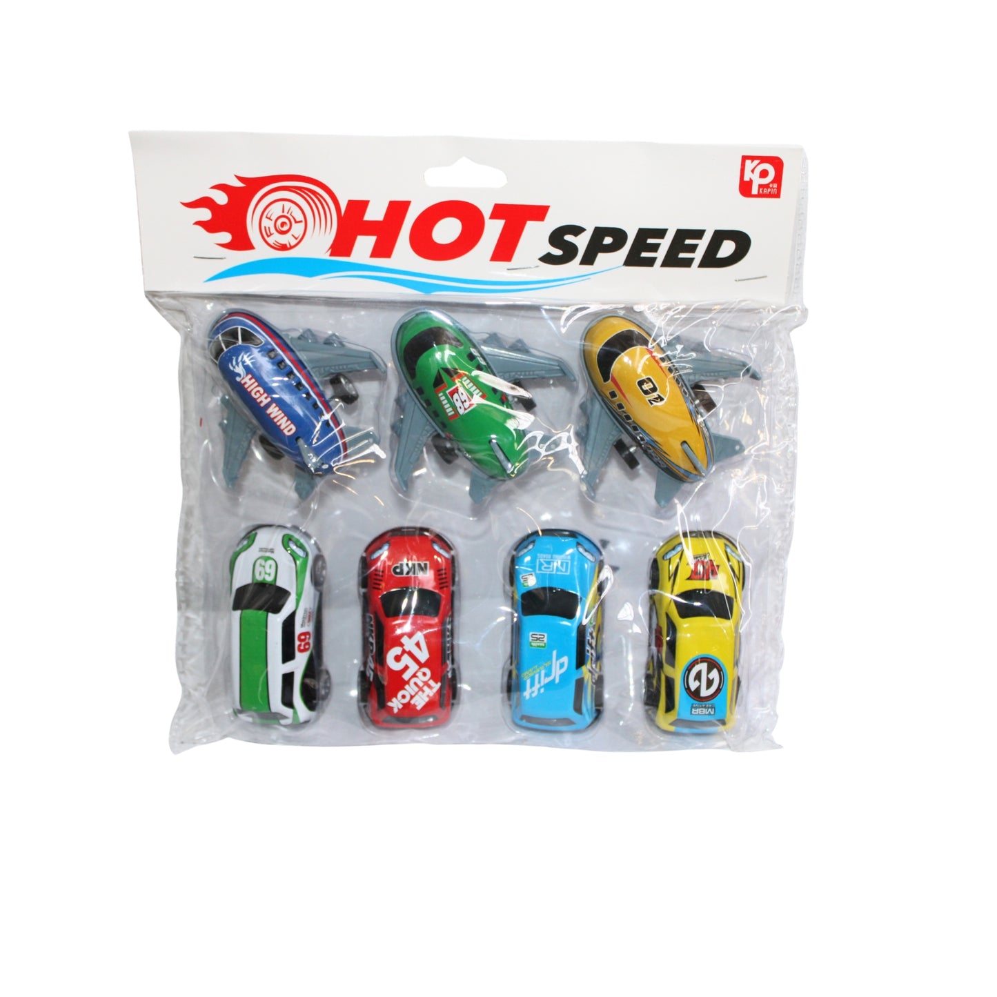 HFY-14049 BLISTER CON 4 CARRITOS Y 3 AVIONES METALICOS 23x24 CM CON 1 PQ O CAJA CON 192 PQTS