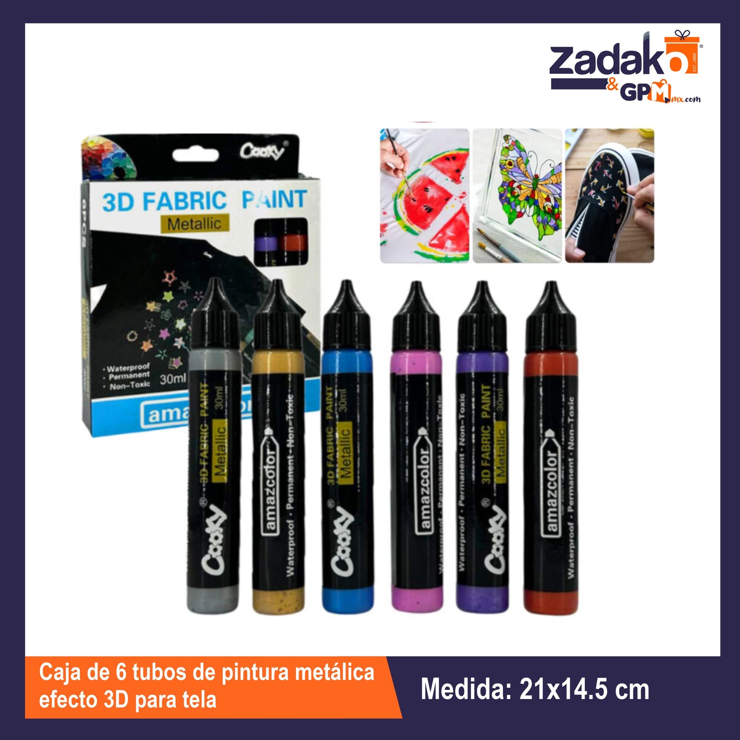HFY-10305 CAJA DE 6 TUBOS DE PINTURA METALICA EFECTO 3D PARA TELA CON 6 PZS O CAJA CON 60 PZS