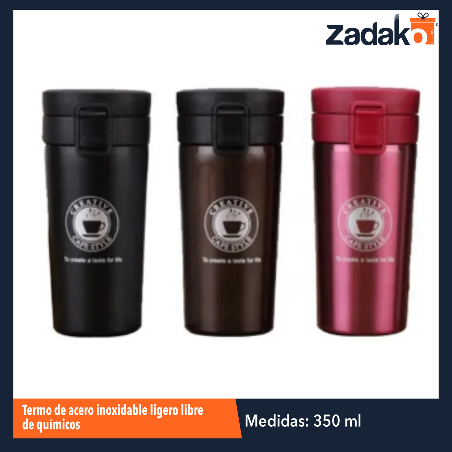 VASO-50 TERMO DE ACERO INOXIDABLE DE 350 ML LIGERO LIBRE DE QUIMICOS CON 1 PZ O CAJA CON 50 PZS