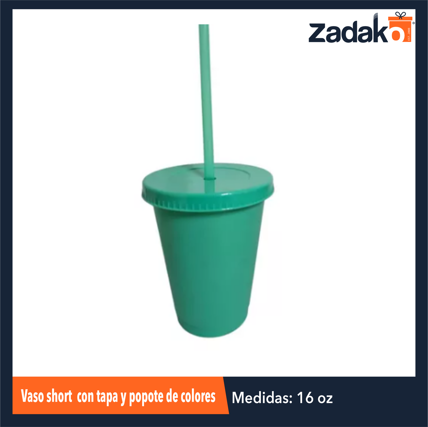 VASO SHORT 16 OZ CON TAPA Y POPOTE DE COLORES CON 1 PZ O CAJA CON 240 PZS