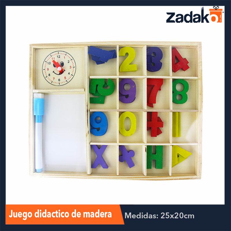 ZJ-0992 CAJA DE MADERA CON NUMEROS, PIZARRON, PLUMON PARA PIZARRON CON BORRADOR Y RELOJ PARA APRENDIZAJE DE MATEMATICAS DE 20x24 CM CON 1 PZ O CAJA CON 120 PZS