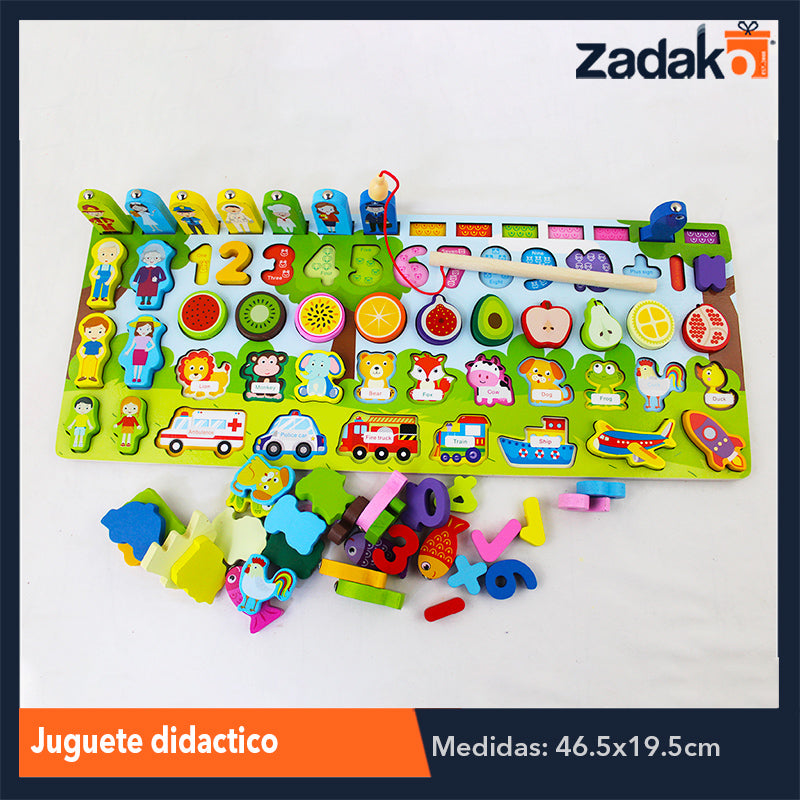 ZJ-0988 TABLERO DE MADERA TRIDIMENSIONAL DE APRENDIZAJE CON NUMEROS, OFICIOS, FRUTAS Y OTROS OBJETOS DE PESCA DE 46x19.5x4 CM, CON 1 PZ O CAJA CON 32 PZS