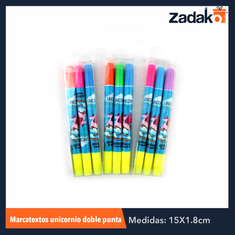 ZP-0025 JGO 3 PZS MARCATEXTOS UNICORNIO DOBLE PUNTA, CON 1 PZ O CAJA CON 600 PZS