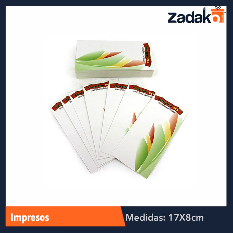 ZP-0472 IMPRESOS 16.5X8 CM, CON 1 PZ O CAJA CON 5000 PZS
