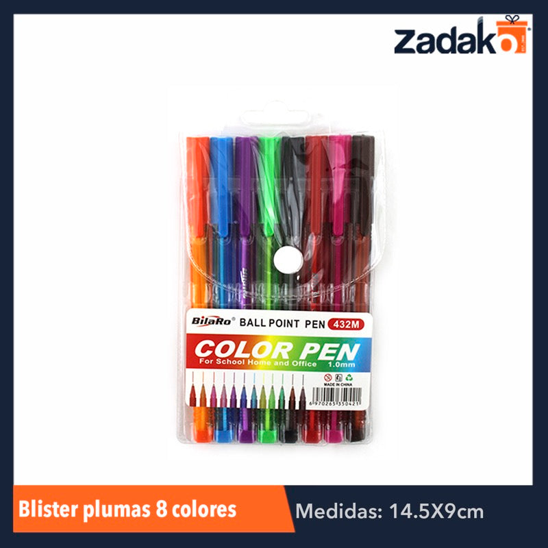 GPM-0214 ZP-0576 BLISTER PLUMAS 8 COLORES, CON 1 PZ O CAJA CON 360 PZS