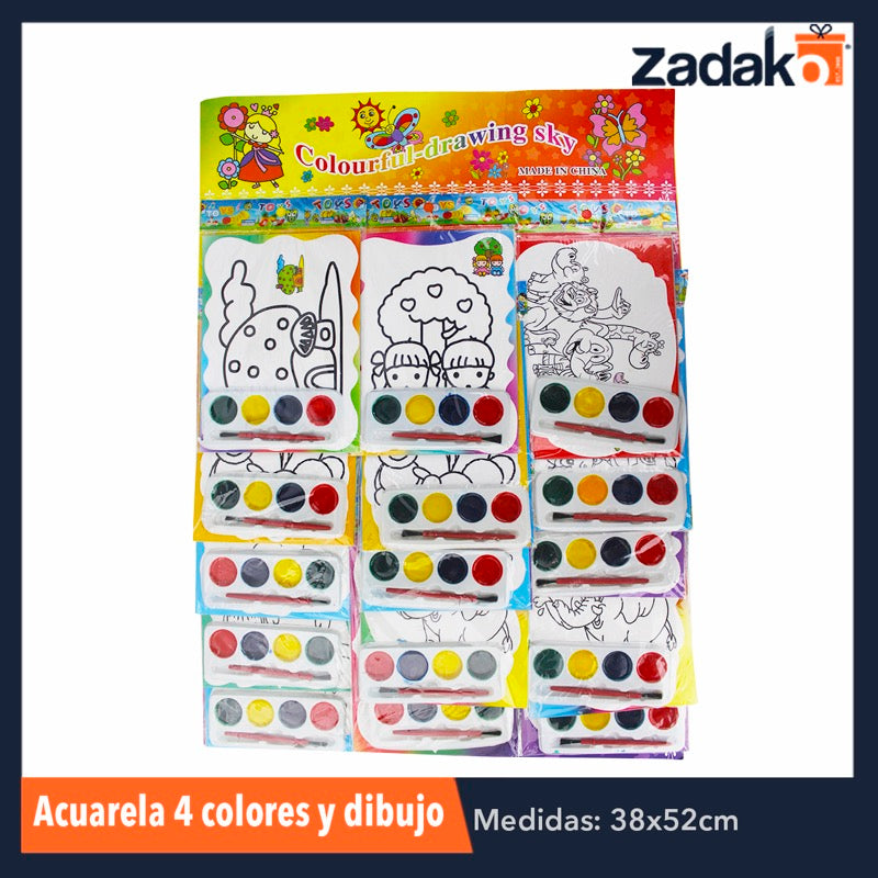 ZP-0804 ACUARELA 4 COLORES CON DIBUJO, CON 15 PZS, O CAJA CON 100 PQTS