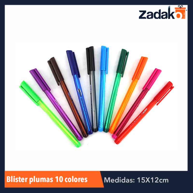 ZP-0577 BLISTER PLUMAS 10 COLORES, CON 1 PZ O CAJA CON 288 PZS