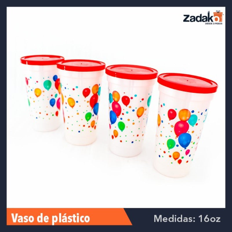 VASO 15 OZ C/TAPA FIESTA 4 PZ, CON 1 PAQ O CAJA CON 24 PAQ.