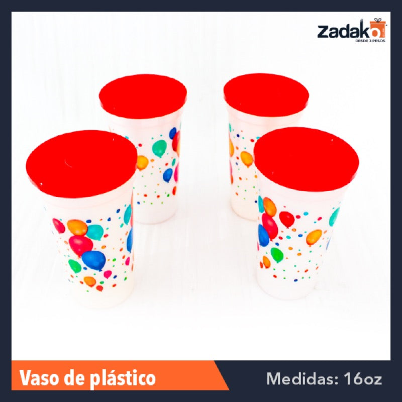 VASO 15 OZ C/TAPA FIESTA 4 PZ, CON 1 PAQ O CAJA CON 24 PAQ.