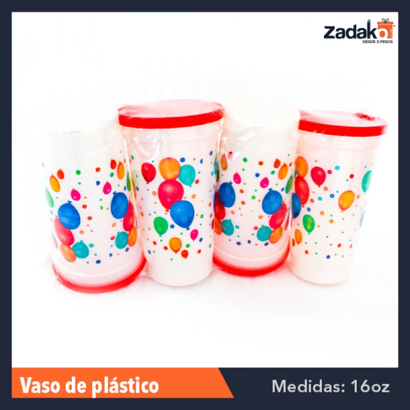 VASO 15 OZ C/TAPA FIESTA 4 PZ, CON 1 PAQ O CAJA CON 24 PAQ.