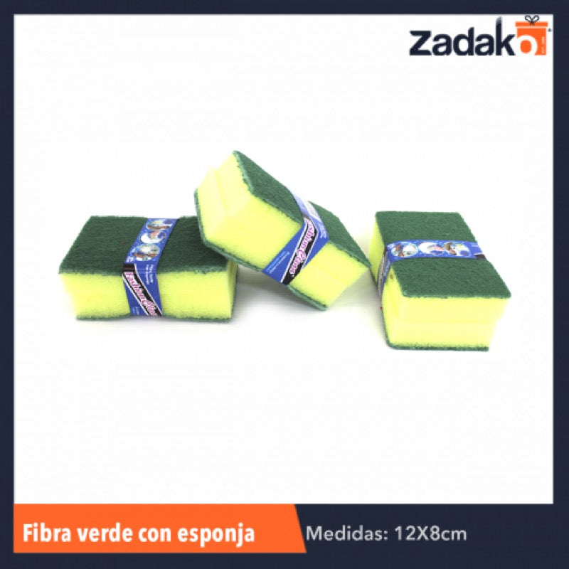 FVE12X8 FIBRA VERDE C/ESPONJA GRANDE 120X80 MM, CON 1 PZ O CAJA CON 50 PZS