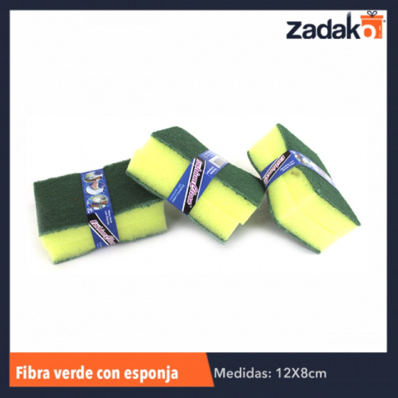 FVE12X8 FIBRA VERDE C/ESPONJA GRANDE 120X80 MM, CON 1 PZ O CAJA CON 50 PZS