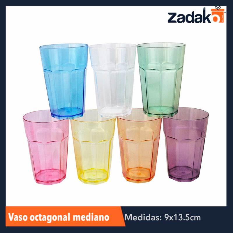 VASO OCTAGONAL MEDIANO CRISTAL / COLOR, CON 1 PZ O CAJA CON 340 PZS