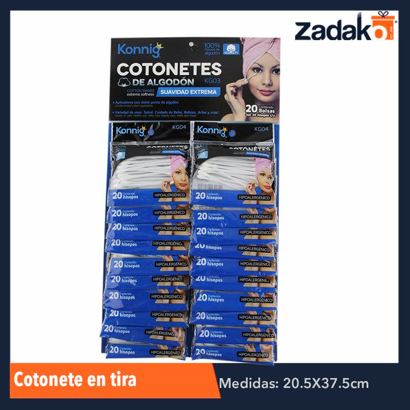 KG04 COTONETE EN TIRA, CON 20 PZS, O CAJA CON 100 PQTS