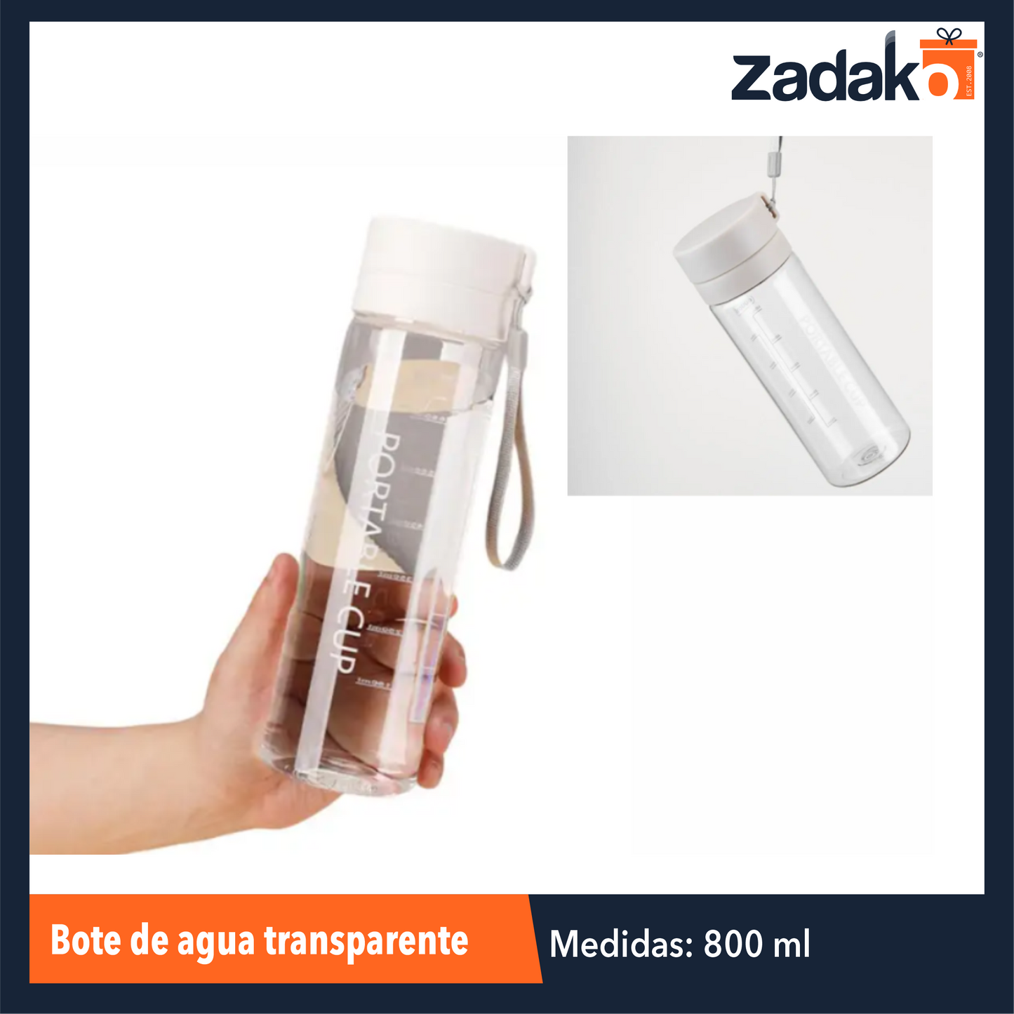 ZC-0553 BOTE DE AGUA TRANSPARENTE 800 ML CON 1 PZ O CAJA CON 100 PZS