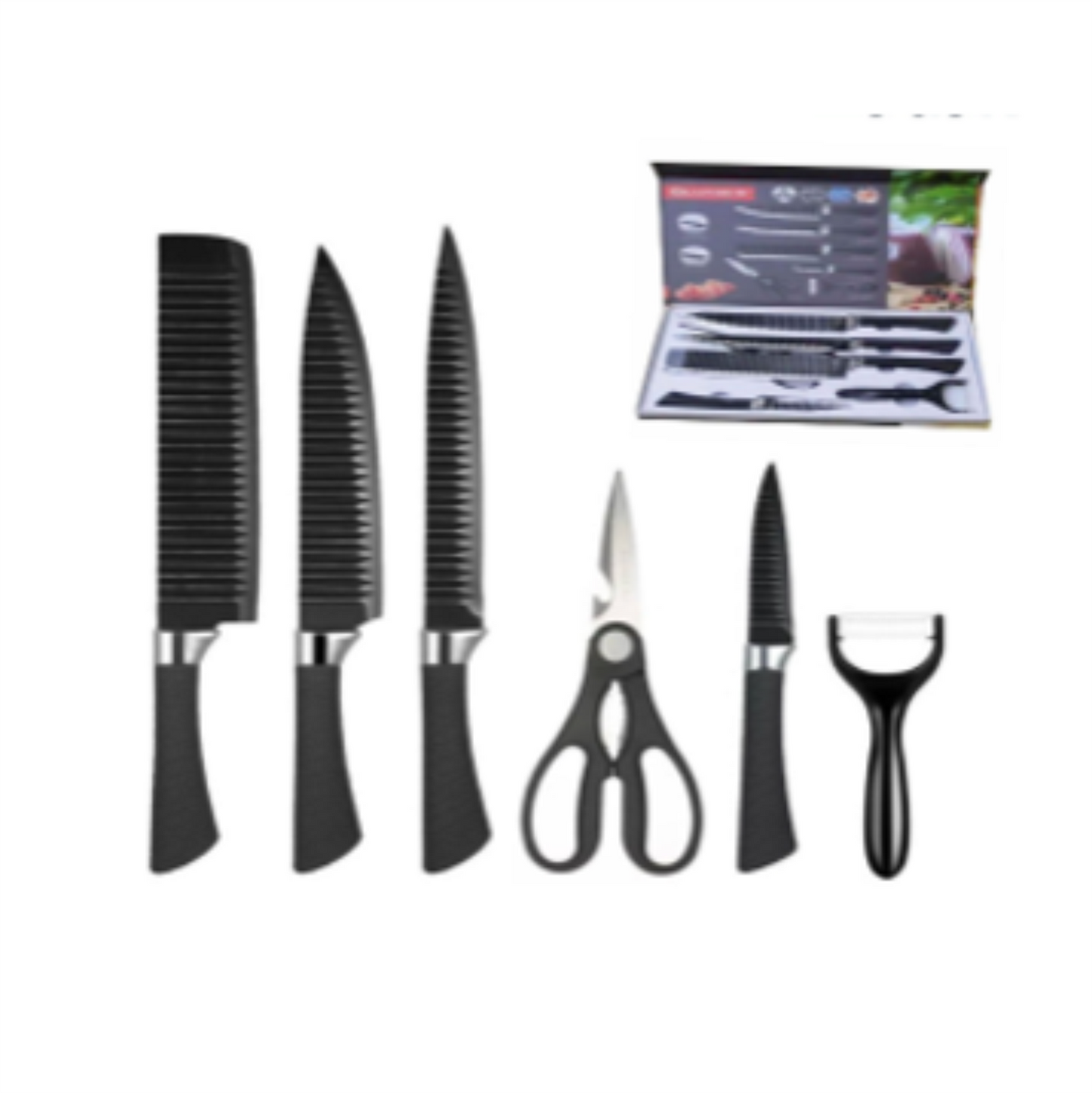 ZC-0445 JUEGO DE CUCHILLOS MULTIFUNCIONAL 6 PZS ACERO INOXIDABLE CON 1 PZ O CAJA CON 30 PZS