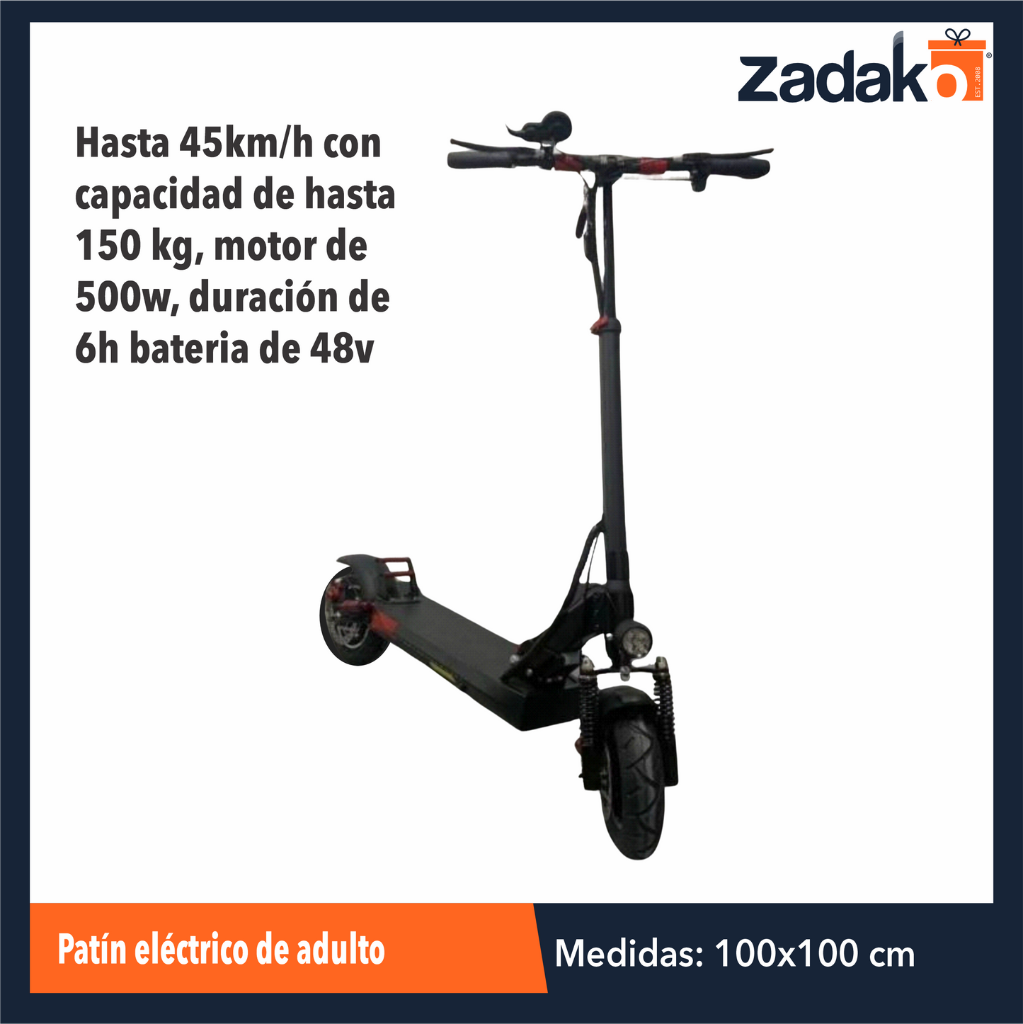 ZE-2168 PATIN ELECTRICO DE ADULTO HASTA 45KM/H CON CAPACIDAD DE HASTA 150 KG, MOTOR DE 500W, DURACIÓN DE 6H BATERIA DE 48V CON 1 PZ.
