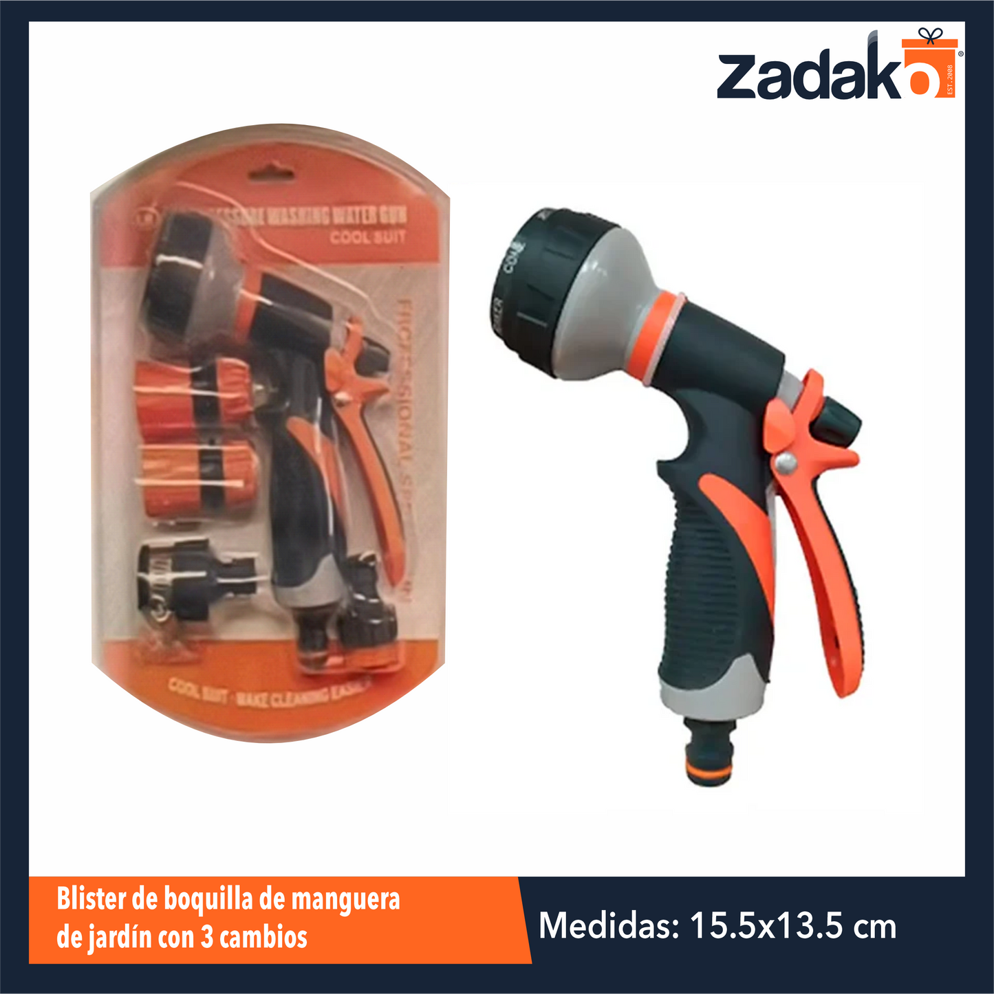 ZF-0295 BLISTER PISTOLA DE AGUA PARA MANGUERA CON 3 CAMBIOS CON 1 PZ O CAJA CON 50 PZS