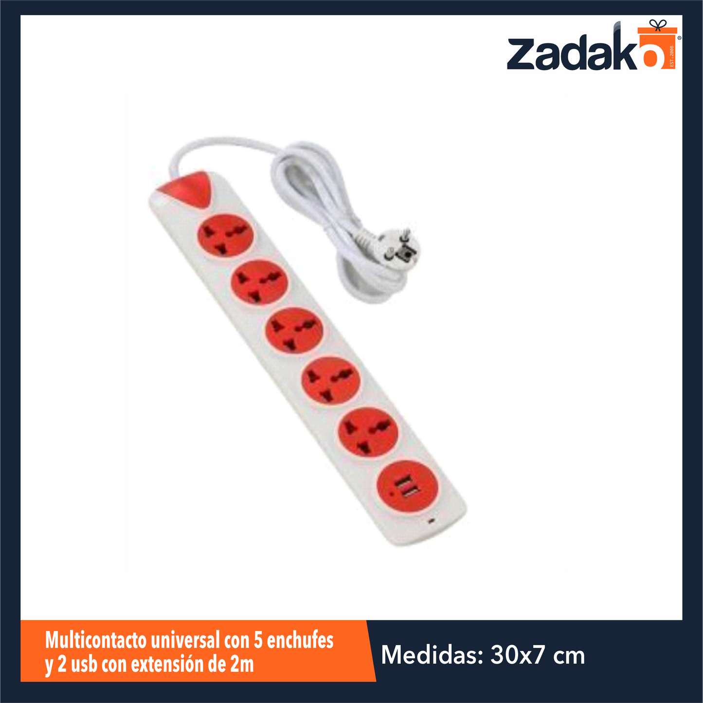 ZF-0303 MULTICONTACTO UNIVERSAL CON 5 ENCHUFES Y 2 USB CON EXTENSIÓN DE 2M CON 1 PZ O CAJA CON 60 PZS