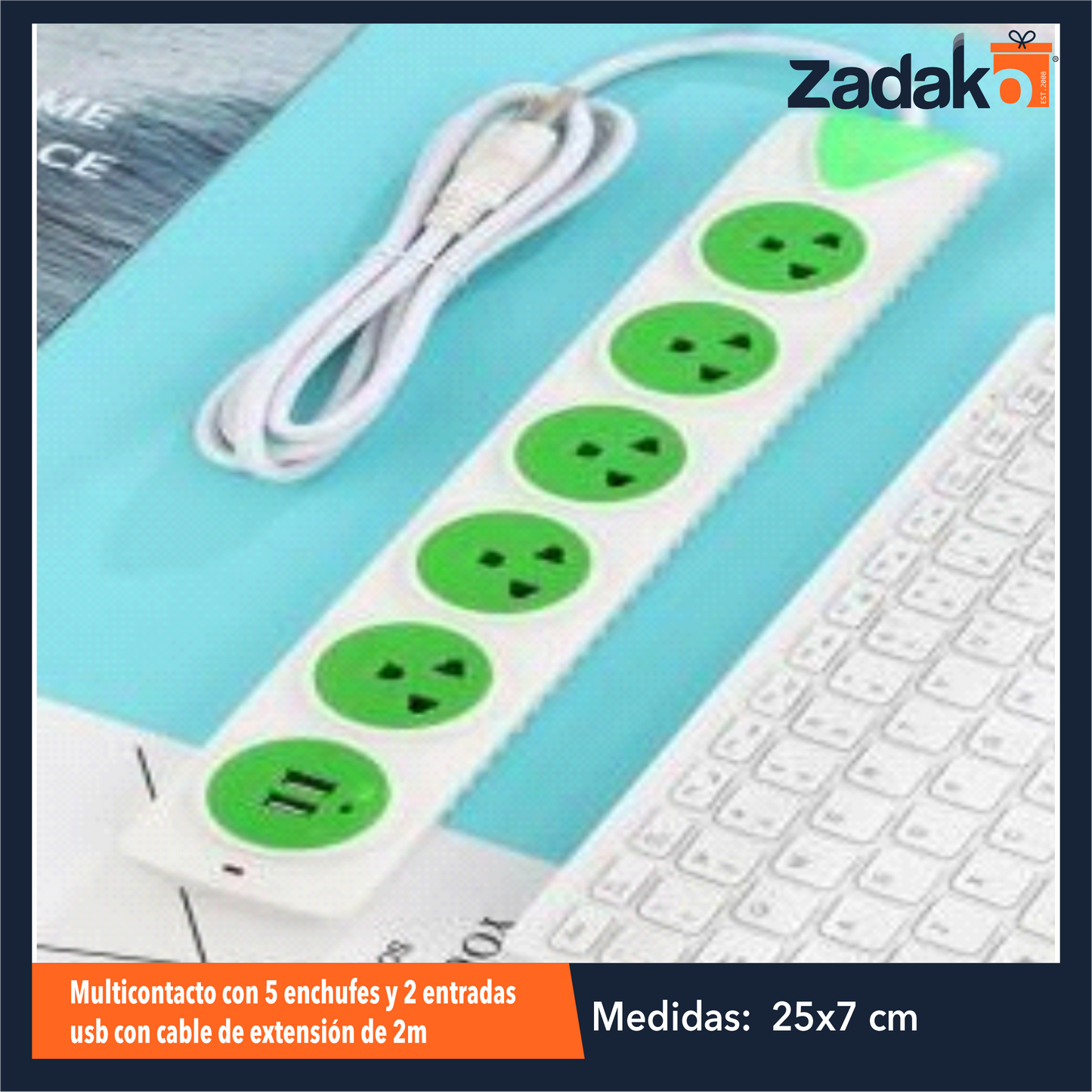 ZF-0304 MULTICONTACTO CON 5 ENCHUFES Y 2 ENTRADAS USB CON CABLE DE EXTENSIÓN DE 2M CON 1 PZ O CAJA CON 60 PZS