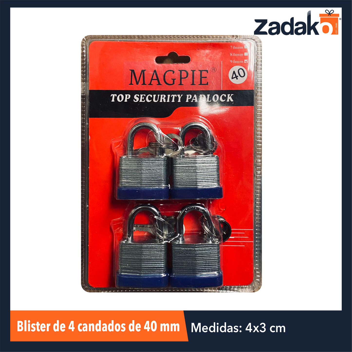 ZF-0338 BLISTER DE 4 CANDADOS DE 40 MM CON 1 PZ O CAJA CON 24 PZS