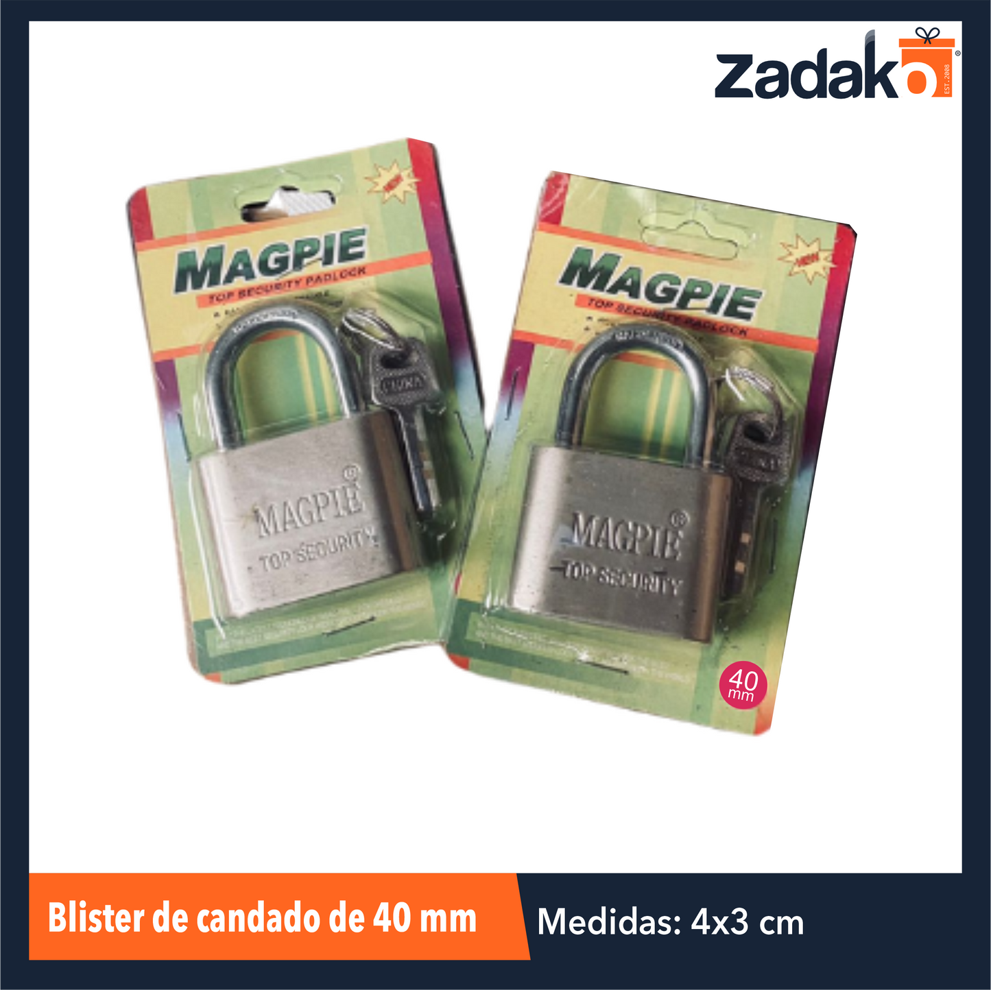 ZF-0343 BLISTER DE CANDADO DE 40 MM CON 1 PZ O CAJA CON 96 PZS