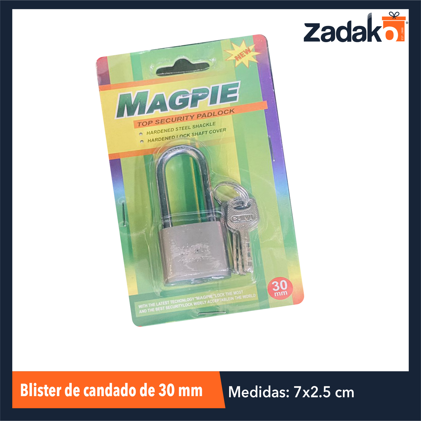 ZF-0347 BLISTER DE CANDADO DE 30 MM CON 1 PZ O CAJA CON 144 PZS