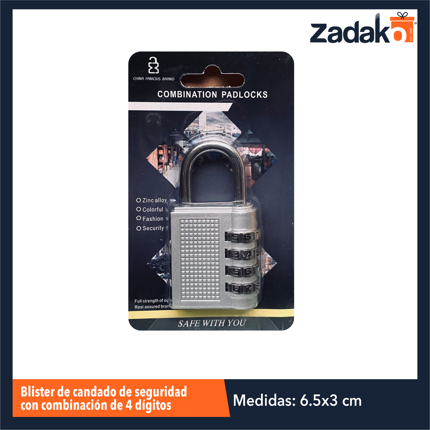 ZF-0352 BLISTER DE CANDADO DE SEGURIDAD CON COMBINACIÓN DE 4 DIGITOS CON 1 PZ O CAJA CON 240 PZS
