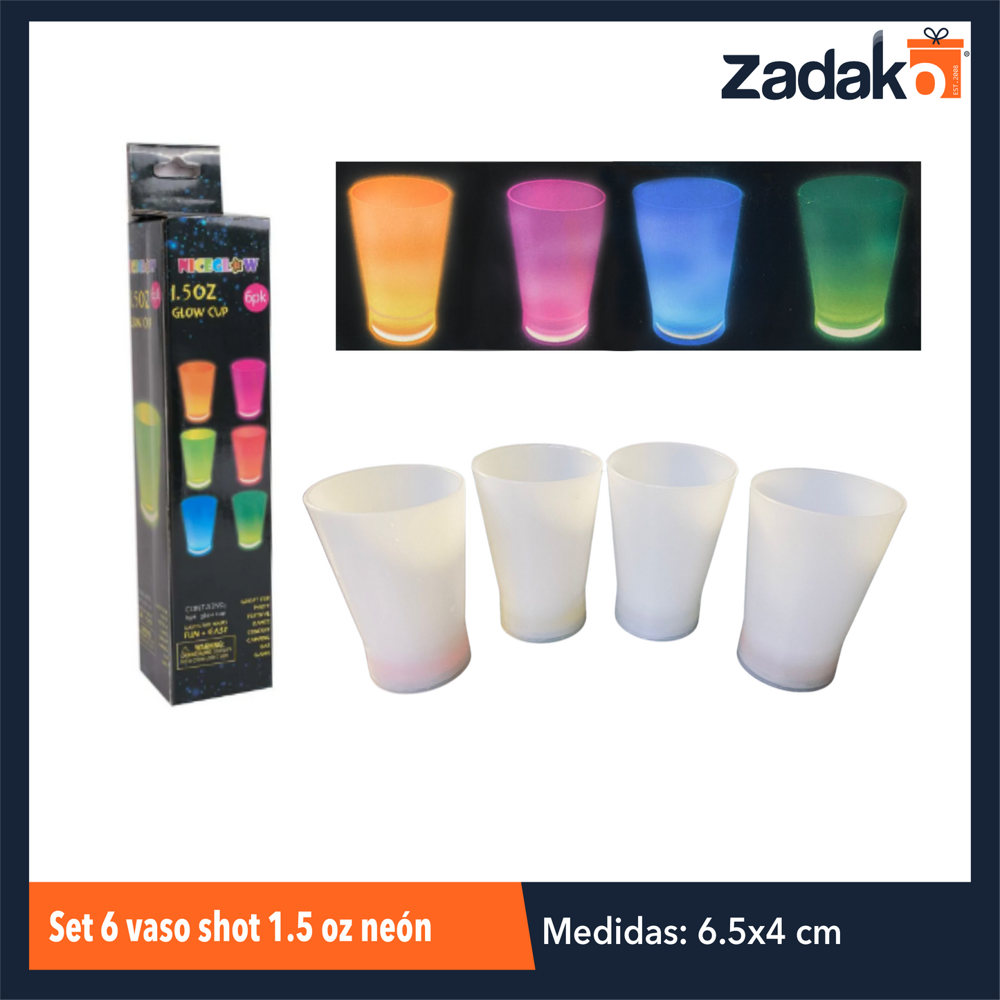 ZFI-0146 SET 6 VASO SHOT 1.5 OZ NEON CON 1 PZ O CAJA CON 100 PZS
