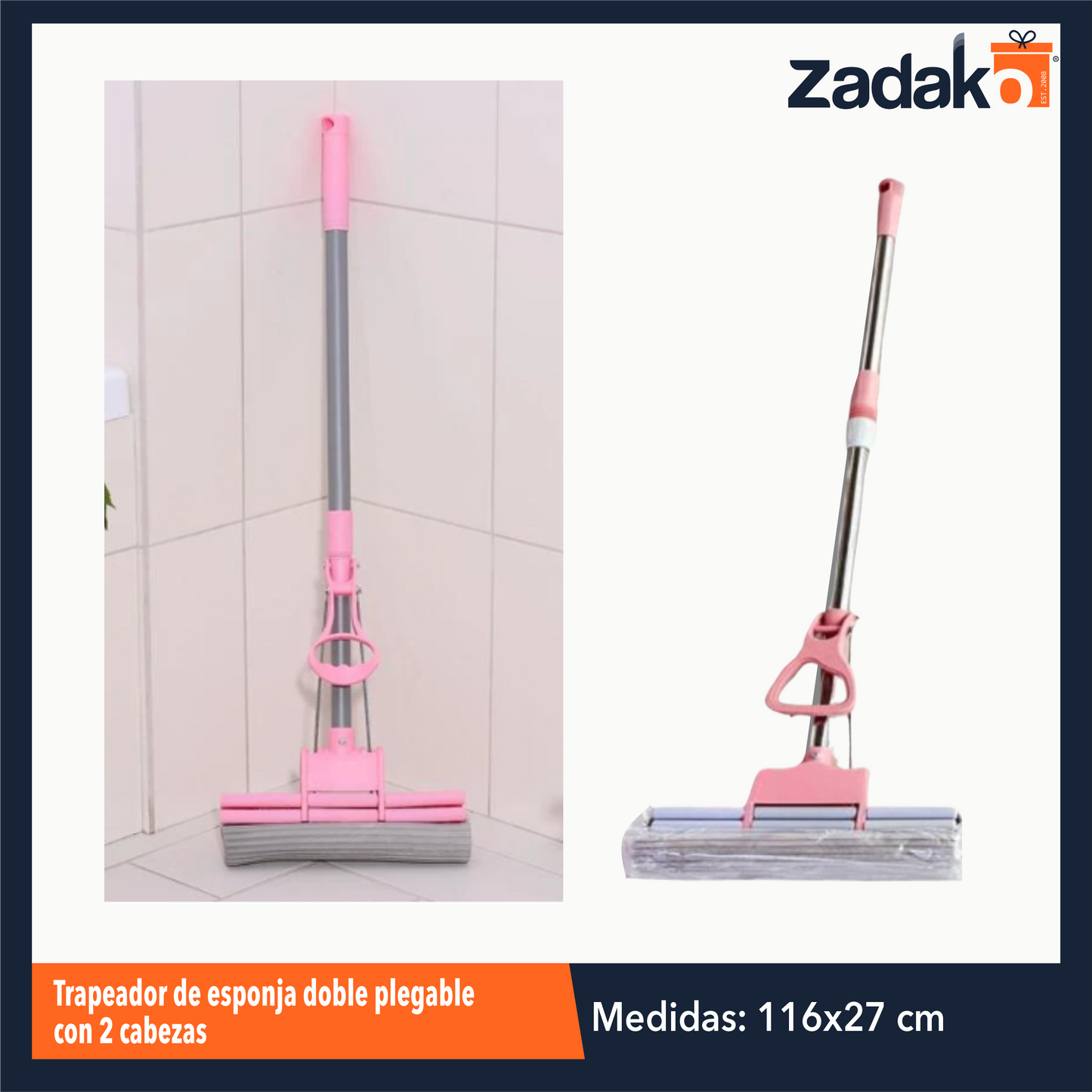ZH-2196 TRAPEADOR DE ESPONJA DOBLE PLEGABLE, PARA PISO, SUPER ABSORBENTE, LAVADO Y SECADO SIN MANOS, PARA USO HUMEDO Y SECO DE 38 X 116 CM CON 1 PZ O CAJA CON 28 PZS.