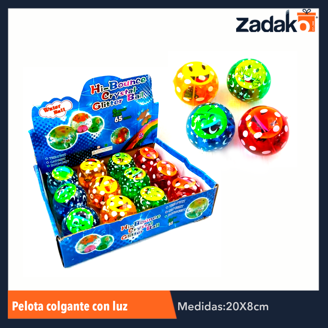 ZJ-0668 PELOTA COLGANTE CON LUZ 6.5 CM, CON 12 PZS, O CAJA CON 12 PQTS