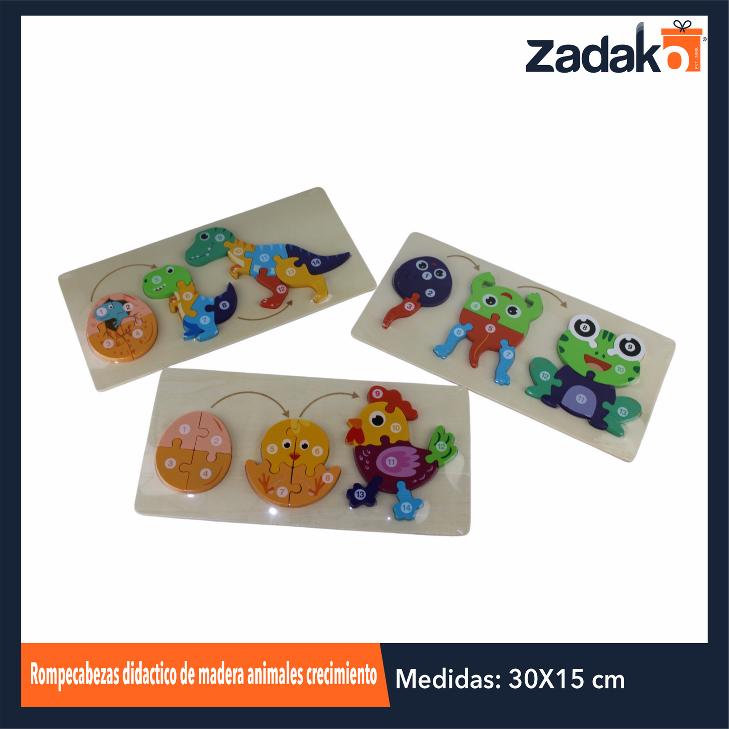 ZJ-1260 ROMPECABEZAS DIDACTICO DE ANIMALES CRECIMIENTO TRIDIMENSIONAL DE MADERA DE 15x30x0.06 CM CON 1 PZ O CAJA CON 120 PZS