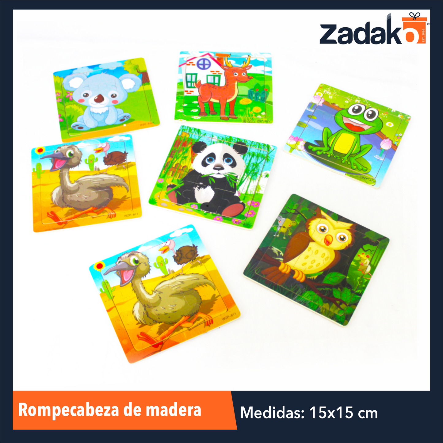 ZJ-1282 ROMPECABEZAS DE ANIMALES DE MADERA DE 15x15 CM CON 1 PZ O CAJA CON 500 PZS