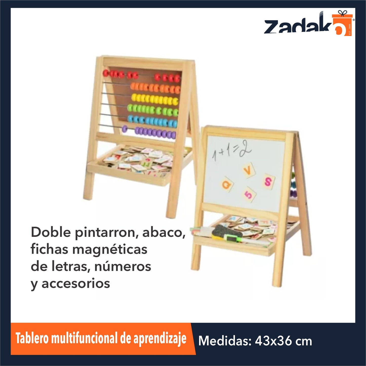 ZJ-1351 TABLERO MULTIFUNCIONAL DE APRENDIZAJE DOBLE PINTARRON, ABACO, FICHAS MAGNETICAS DE LETRAS, NUMEROS Y ACCESORIOS, DE 29x35x2.7 CM CON 1 PZ O CAJA CON 24 PZS
