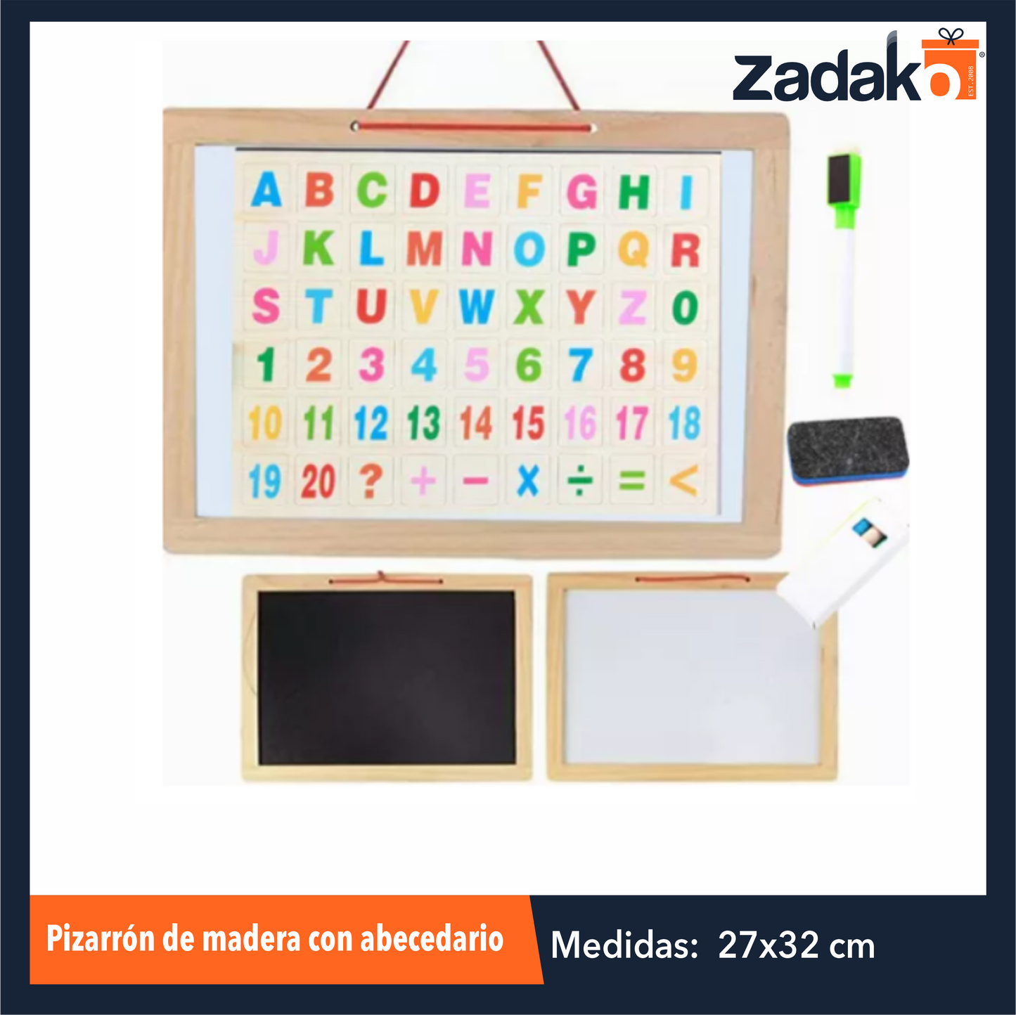 GPM-2837 ZJ-1357 PIZARRON DE APRENDIZAJE DE MADERA CON FICHAS DE ABECEDARIO, NUMEROS Y SIMBOLOS MATEMATICOS DE 27.3 X 20.5 X 1.1 CM CON 1 PZ O CAJA CON 100 PZS