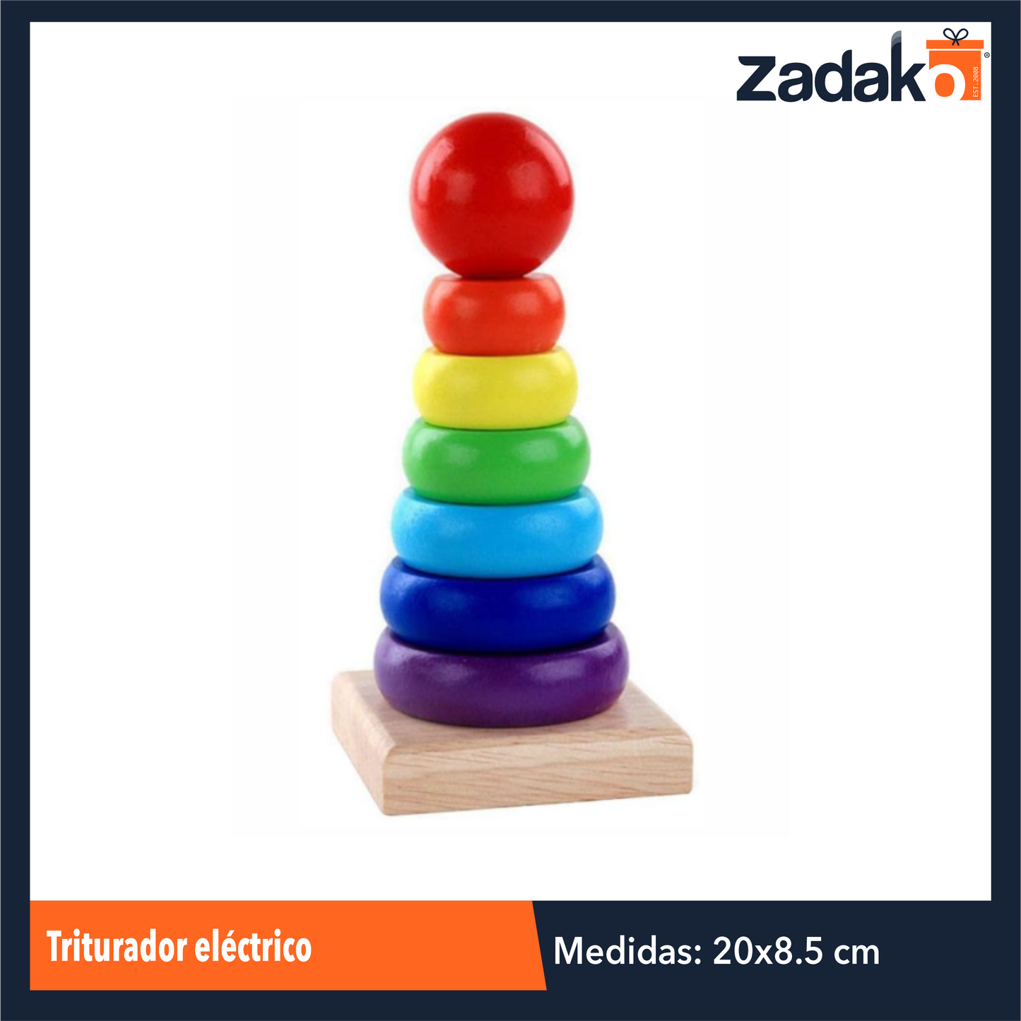 ZJ-1402 JUEGO DIDACTICO DE PIRAMIDE DE ARCOIRIS DE MADERA CON AROS CIRCULARES DE 8.5x8.5x20.5 CM CON 1 PZ O CAJA CON 50 PZS