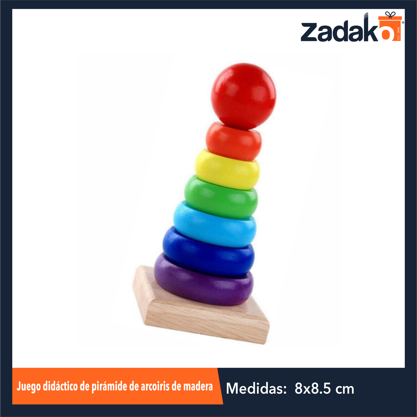 ZJ-1403 JUEGO DIDACTICO DE PIRAMIDE DE ARCOIRIS DE MADERA CON AROS CIRCULARES DE 6x6x13.5 CM CON 1 PZ O CAJA CON 180 PZS