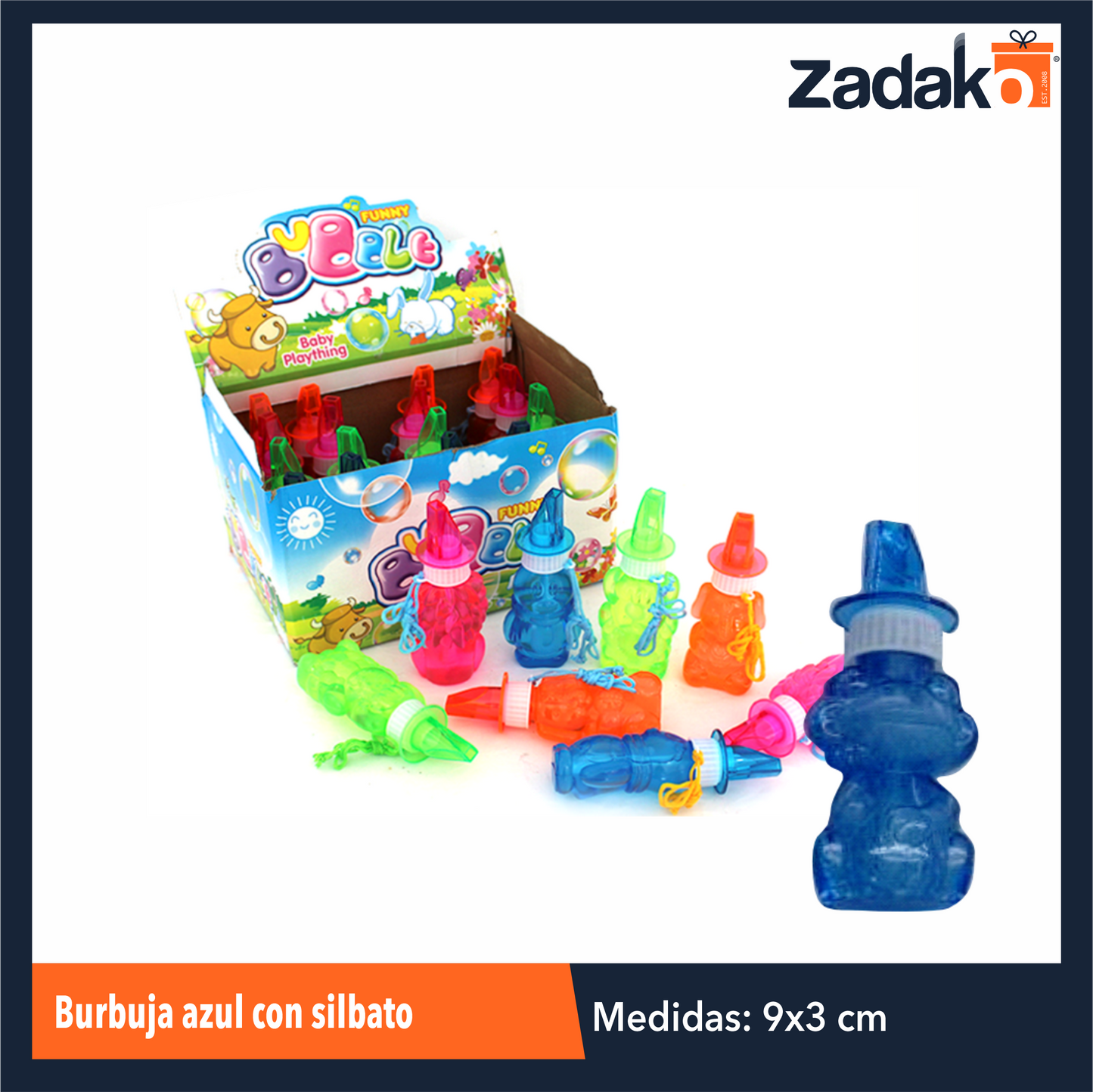 ZJ-1483 BURBUJA AZUL CON SILBATO CON 24 PIEZAS, O CAJA CON 12 PQTS