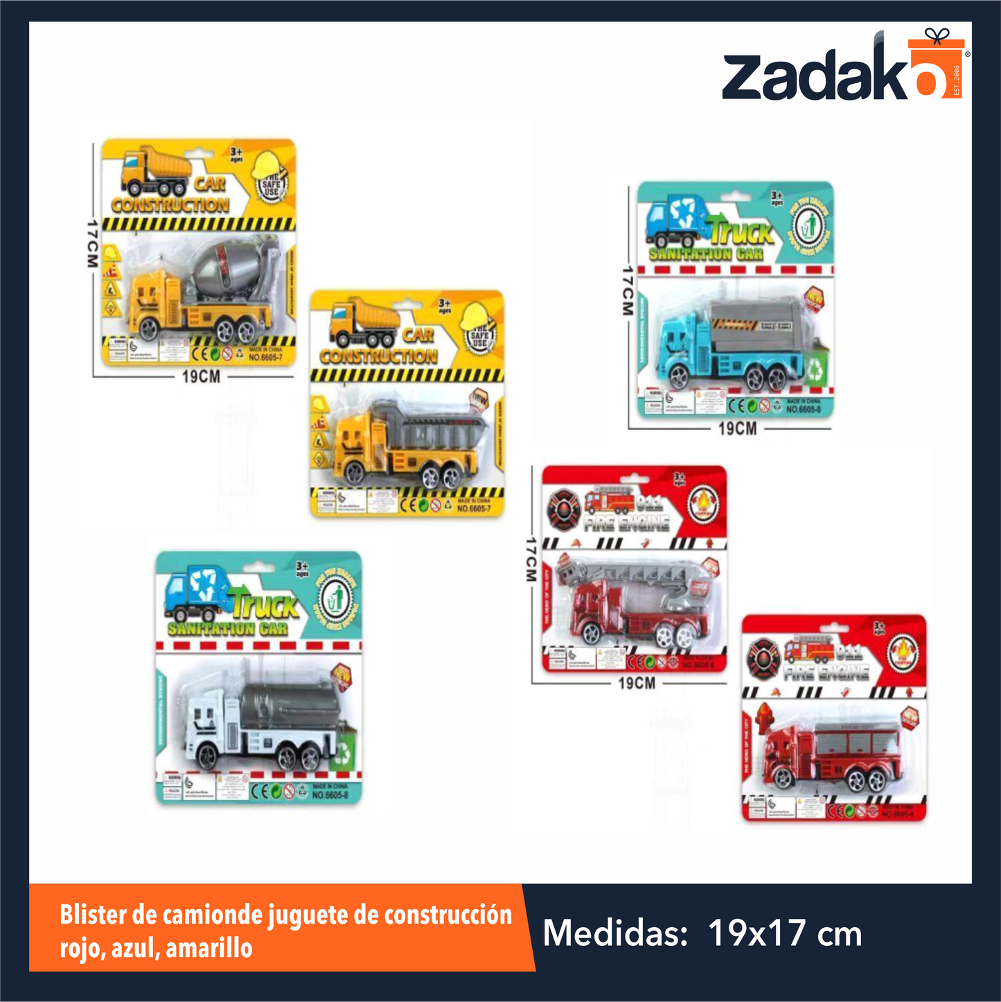 ZJ-1964 BLISTER DE CAMION DE JUGUETE DE CONSTRUCCIÓN ROJO, AZUL, AMARILLO CON 1 PZ O CAJA CON 360 PZS