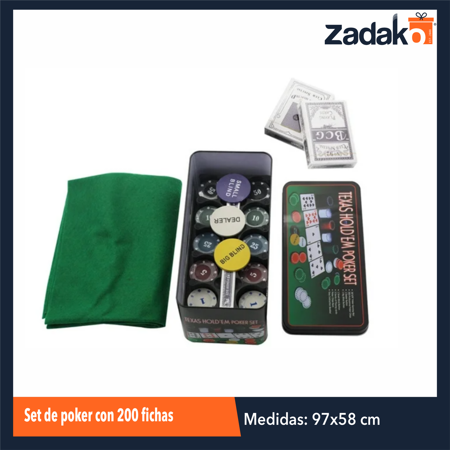 GPM-0330 ZJ-2155 HFY-9591 SET DE POKER CON 200 FICHAS 97 X 58 CM CON 1 PZ O CAJA CON 12 PZS
