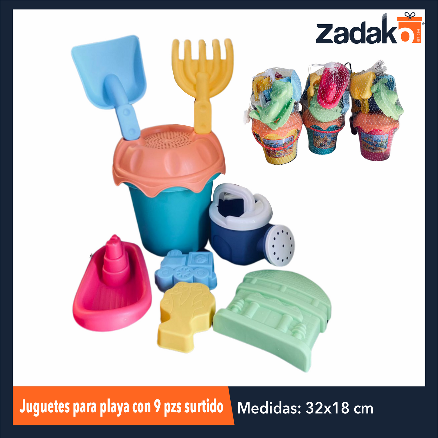 ZJ-2198 JUGUETES PARA PLAYA CON 9 PIEZAS SURTIDO CON 1 PZ O CAJA CON 60 PZS