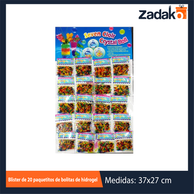 GPM-8646 GPM-0631 ZJ-1889 BLISTER DE 20 PAQUETITOS DE BOLITAS DE HIDROGEL DE COLORES CON 1 PZ O CAJA CON 200 PZS