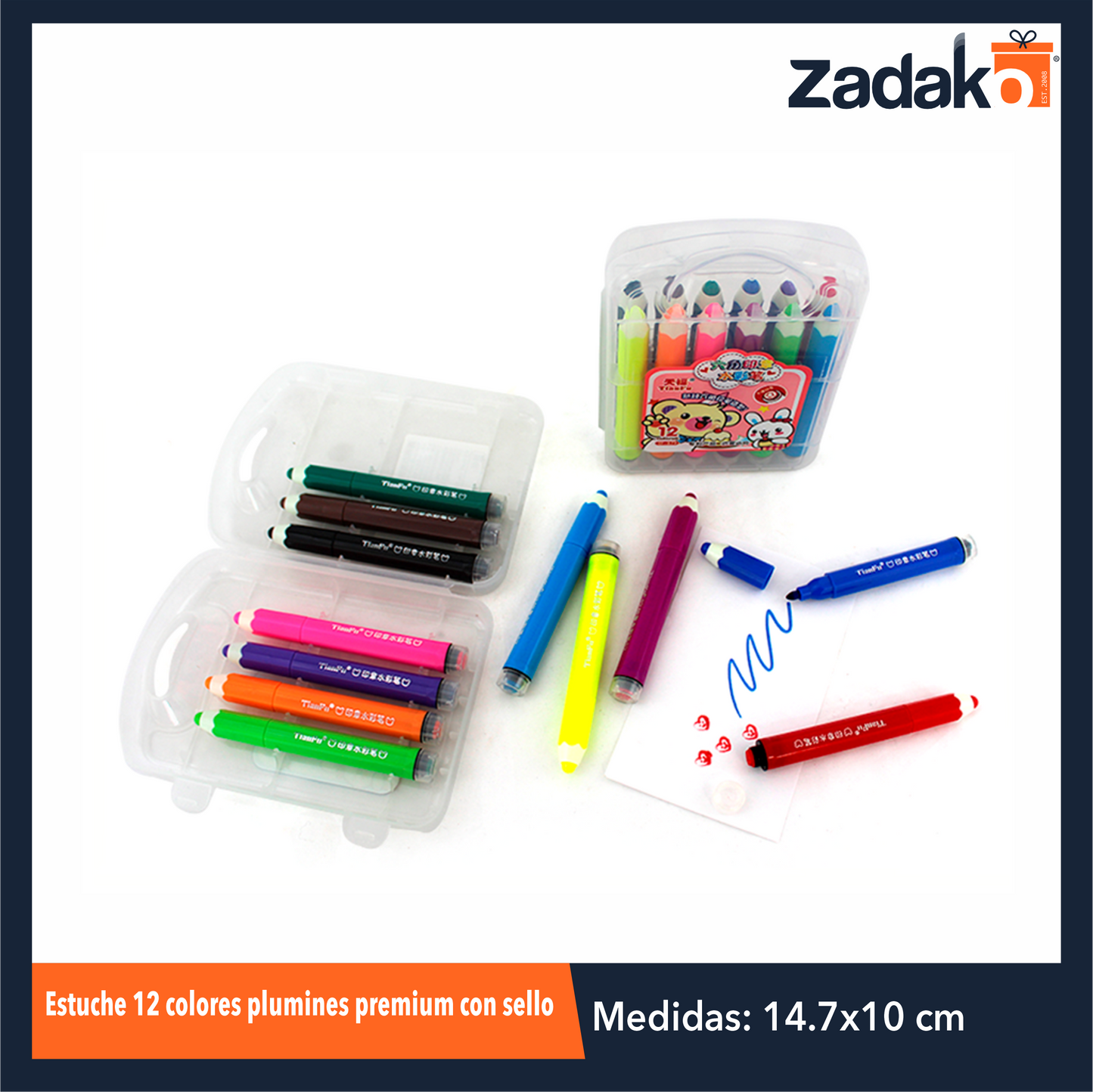 ZP-0383 ESTUCHE 12 COLORES PLUMINES PREMIUM CON SELLO, CON 1 PZ O CAJA CON 144 PZS