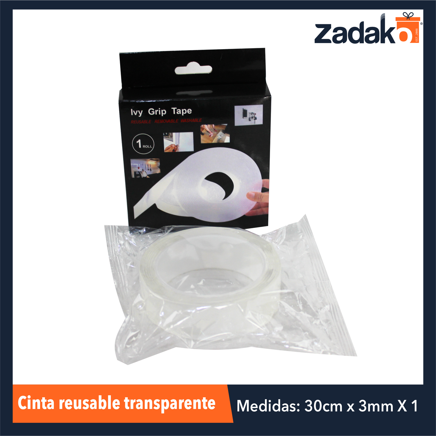 ZP-0933 CINTA REUSABLE TRANSPARENTE 30CM X 3MM X 1 CON UNA PZ O CAJA CON 288 PZS